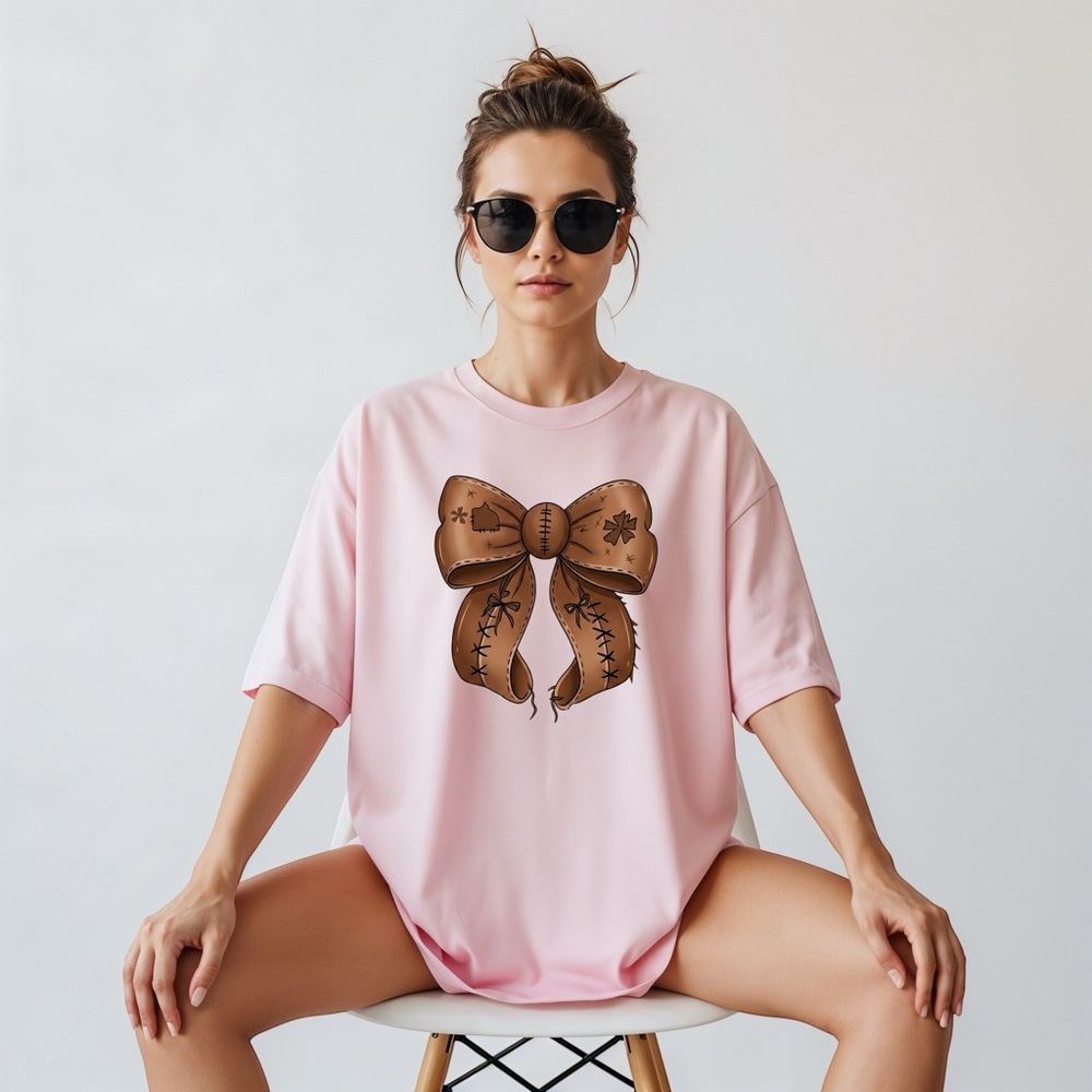 🏈 Coquette Football T-shirt 3d faux leather bow S M L XL new Game day